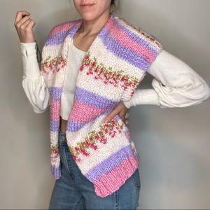 Floral Knit Grandma Sweater Open Cardigan Floral Pink Purple Pastel Medium Vine